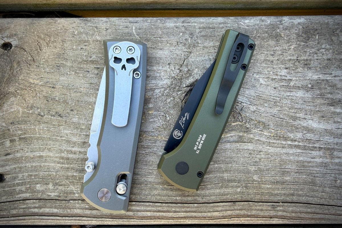 Two Pro-Tech/Chaves knives closed on a wood surface, showing the pocket clips and handle details