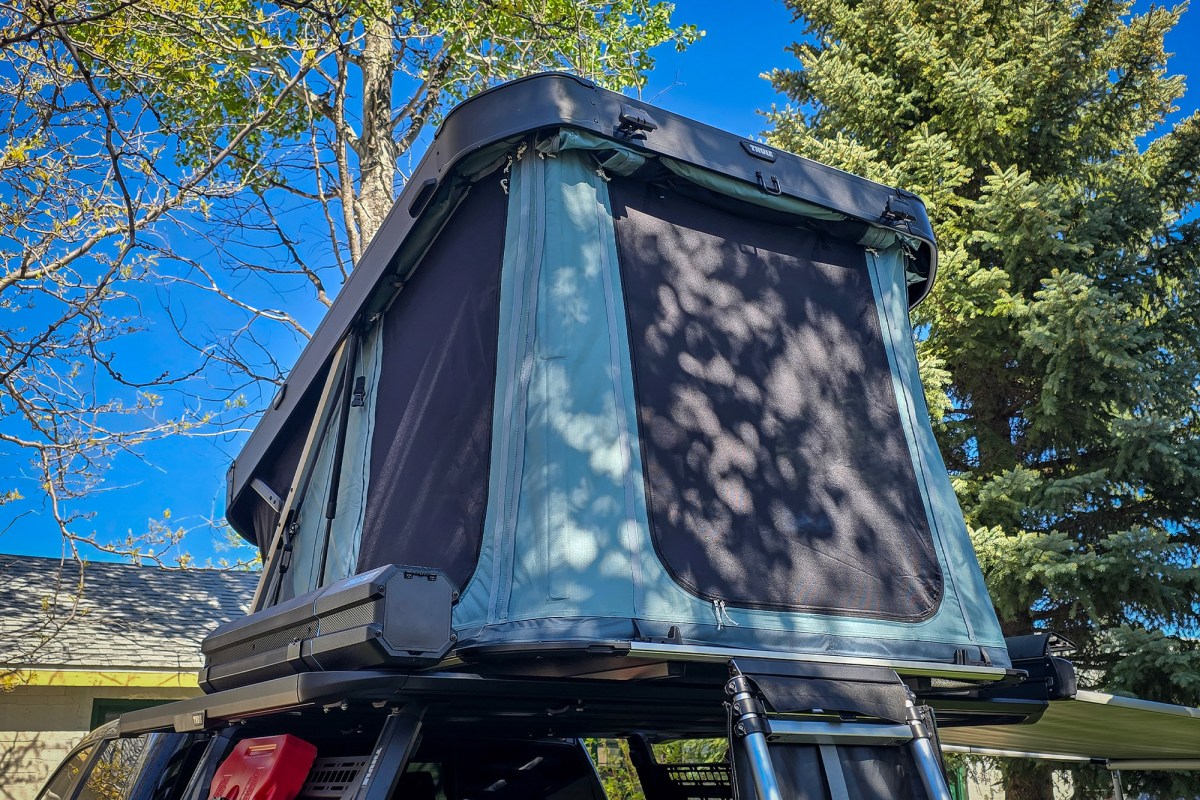 Thule Widesky rooftop tent set up on an overland vehicle