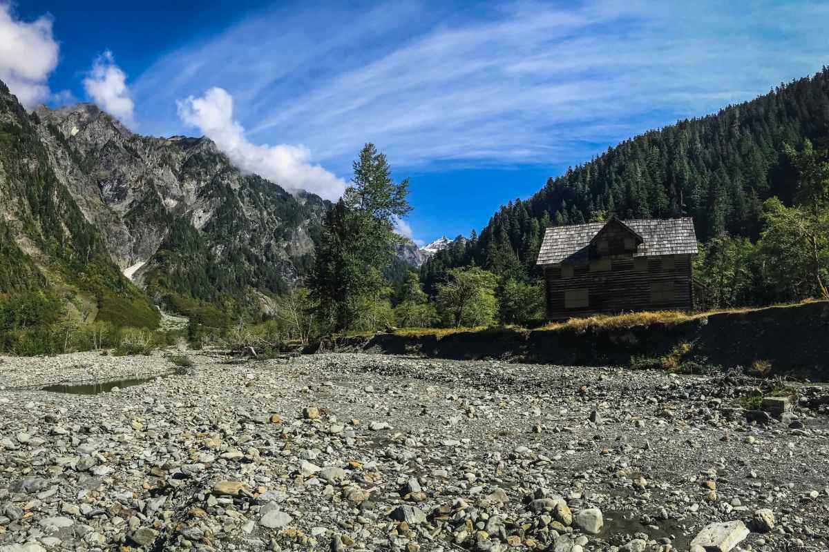 wood cabin by river bank