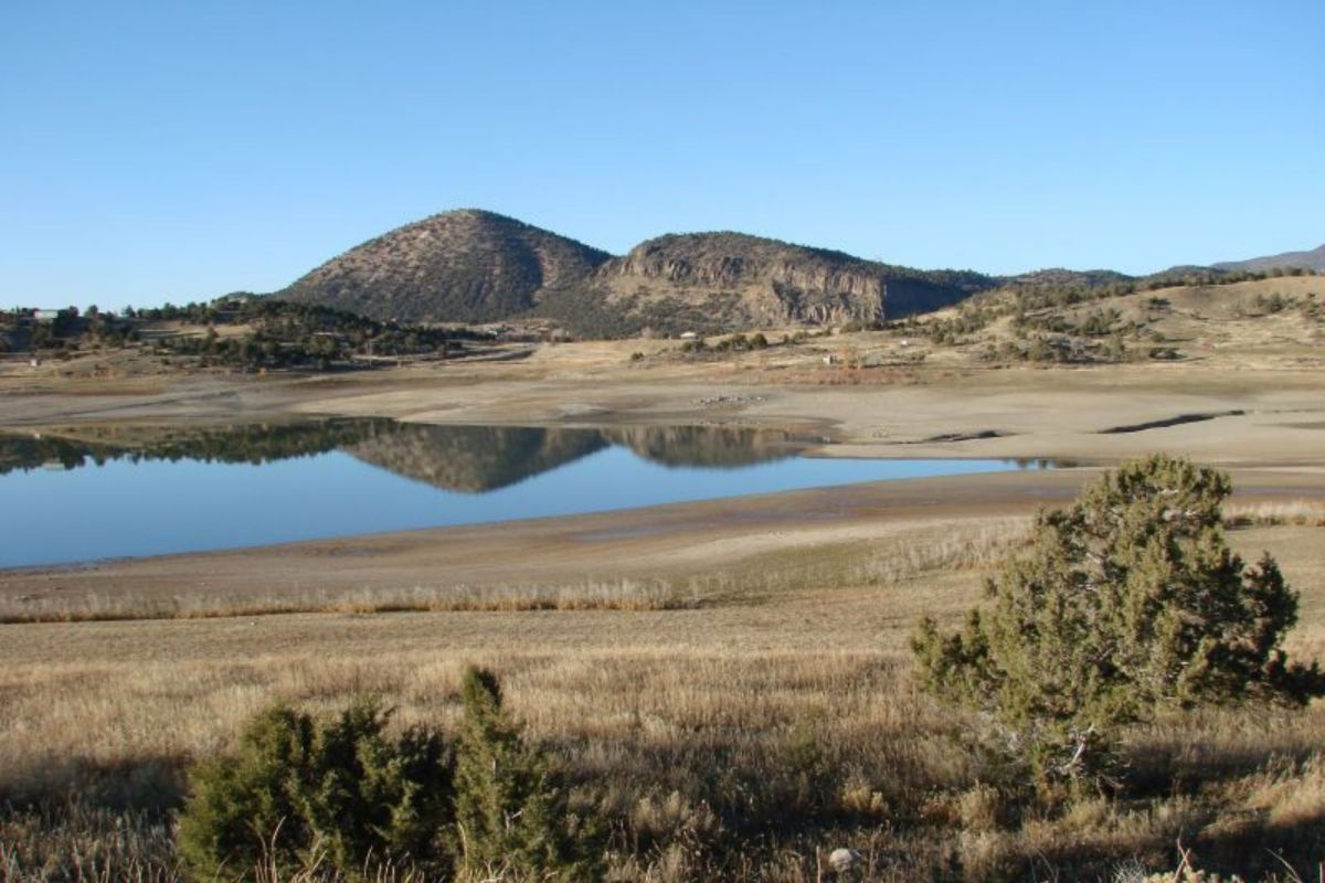 grassy landscape with mountains and lake