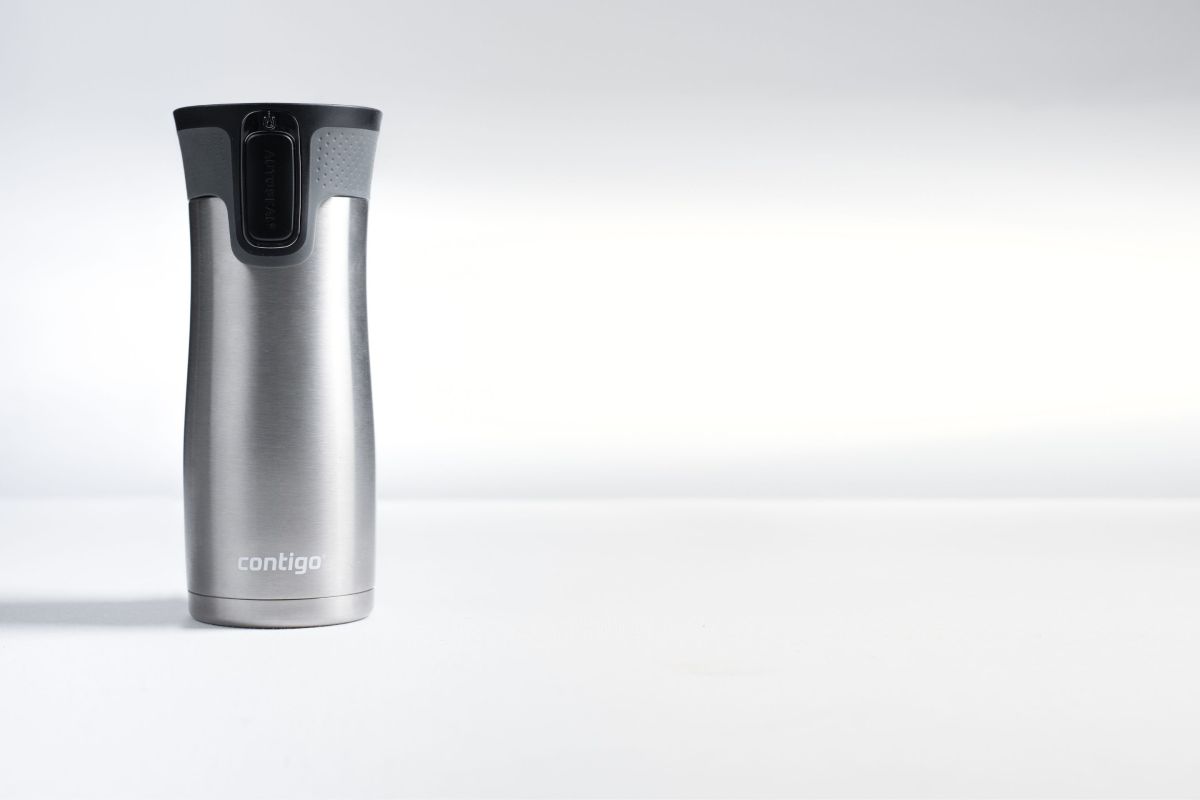 silver water bottle against white background