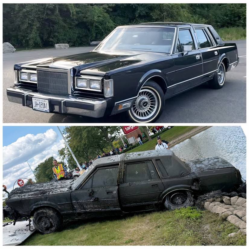 Before and after of 1981 Lincoln Town Car that held the remains of John "Johnny" Pisano, Jr. (Chaos Divers).