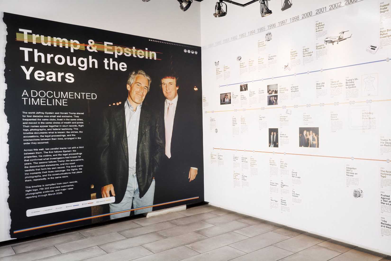 A wall display titled “Trump & Epstein Through the Years” beside a documented timeline inside the reading room.