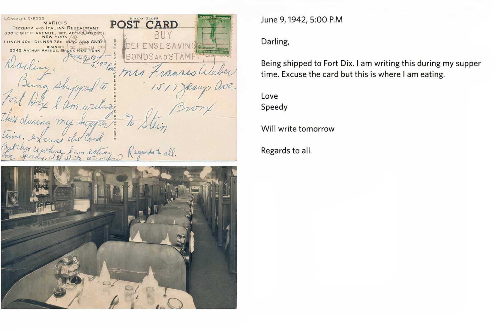 A June 1942 USO postcard from Louis “Speedy” Weber to his wife, Frances, written shortly after he was shipped to Fort Dix.