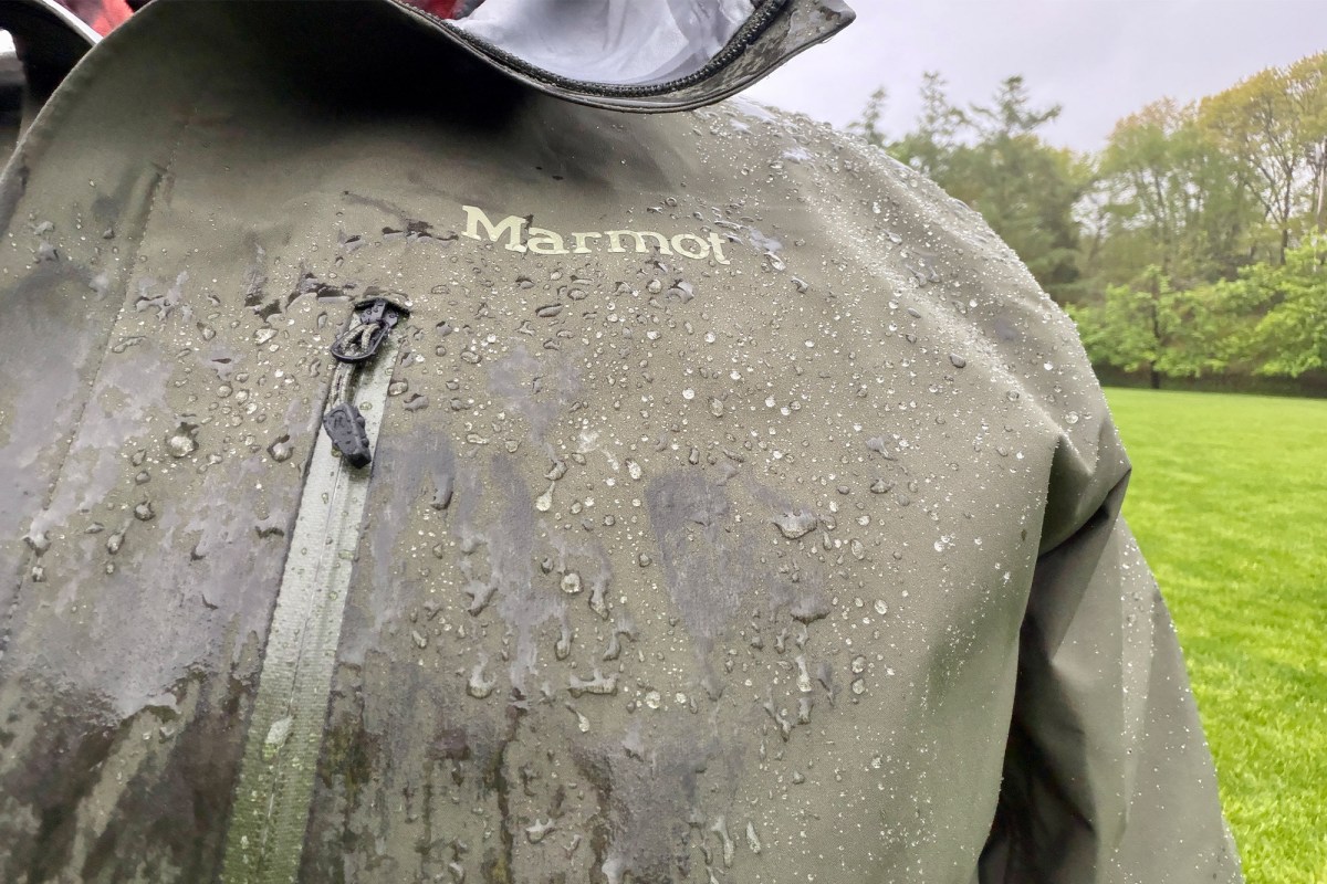 Water beading on the Marmot PreCip Evo Pro rain jacket chest and zipper