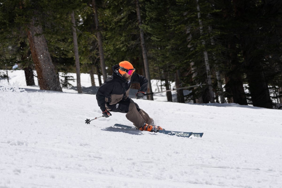 Man skiing on K2 Blur 79 skis near trees