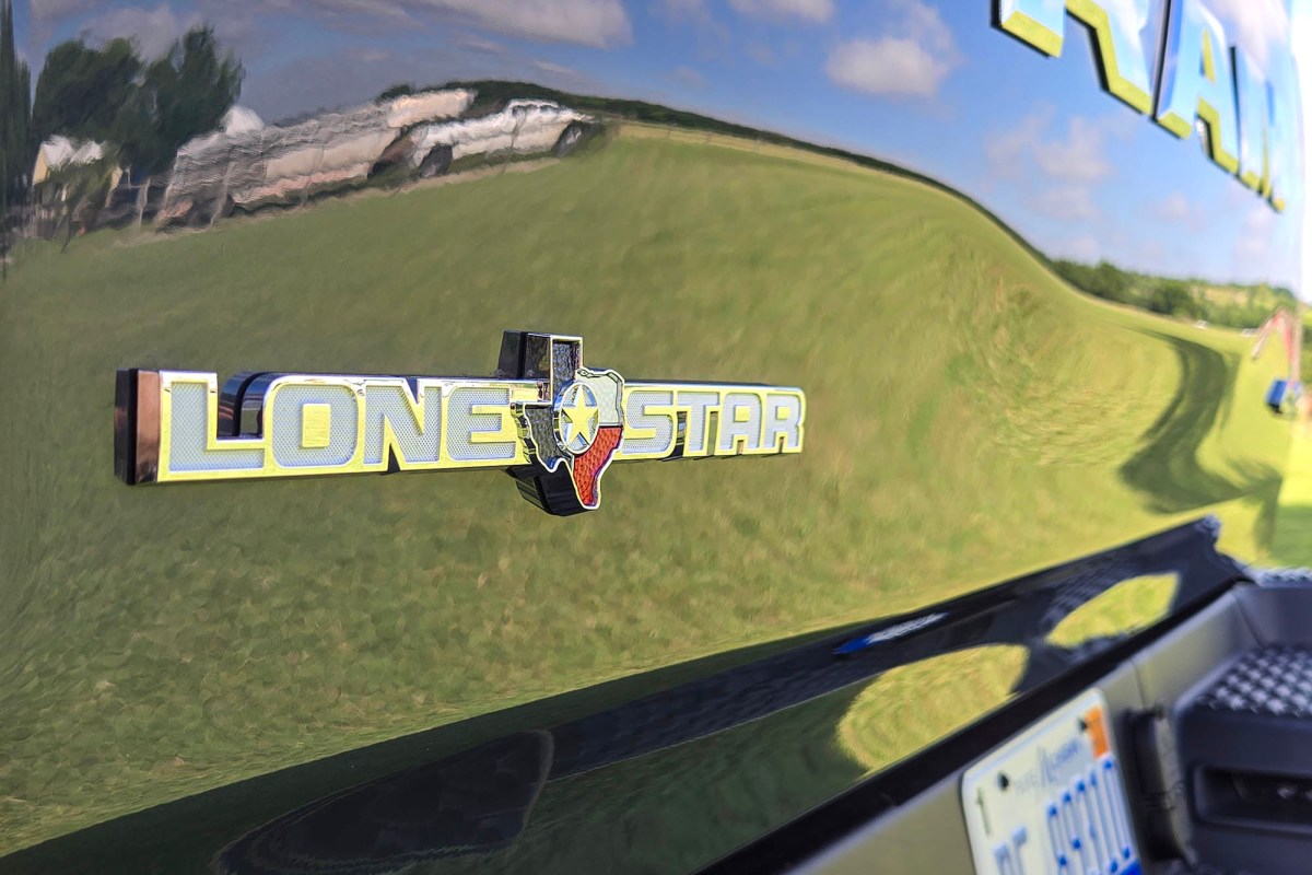 Close-up of Lone Star badge on a Ram truck tailgate