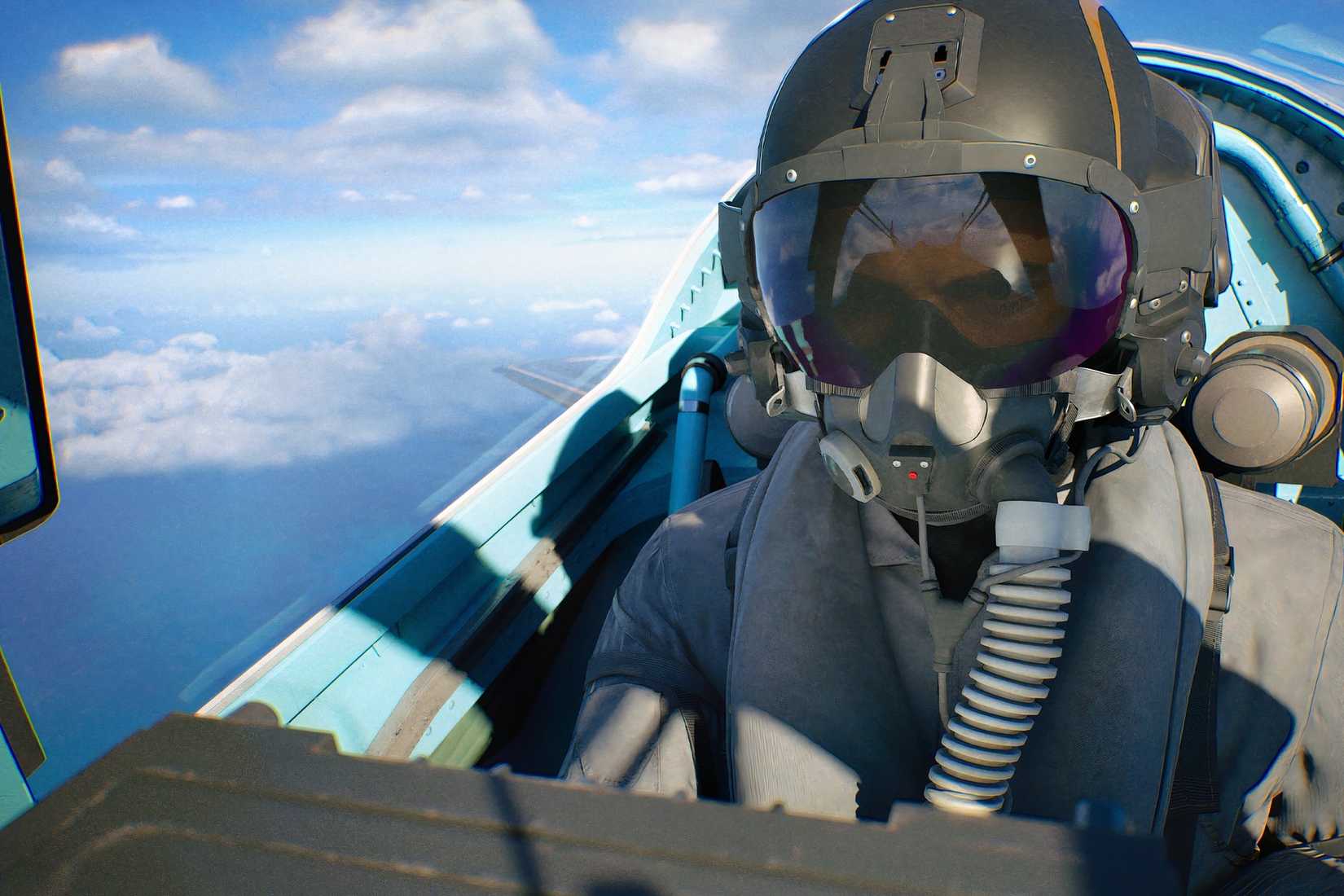 A fighter pilot sits in the cockpit of an aircraft above the clouds in Ace Combat 8: Wings of Theve.