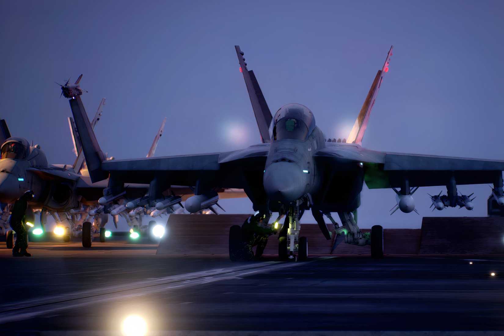 A fighter jet prepares to launch or land on an aircraft carrier at dusk in Ace Combat 8: Wings of Theve.
