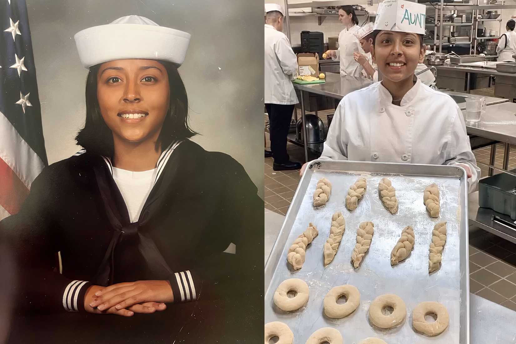 Navy Seaman Angelina Resendiz is shown in uniform and in a culinary training kitchen holding a tray of baked goods.