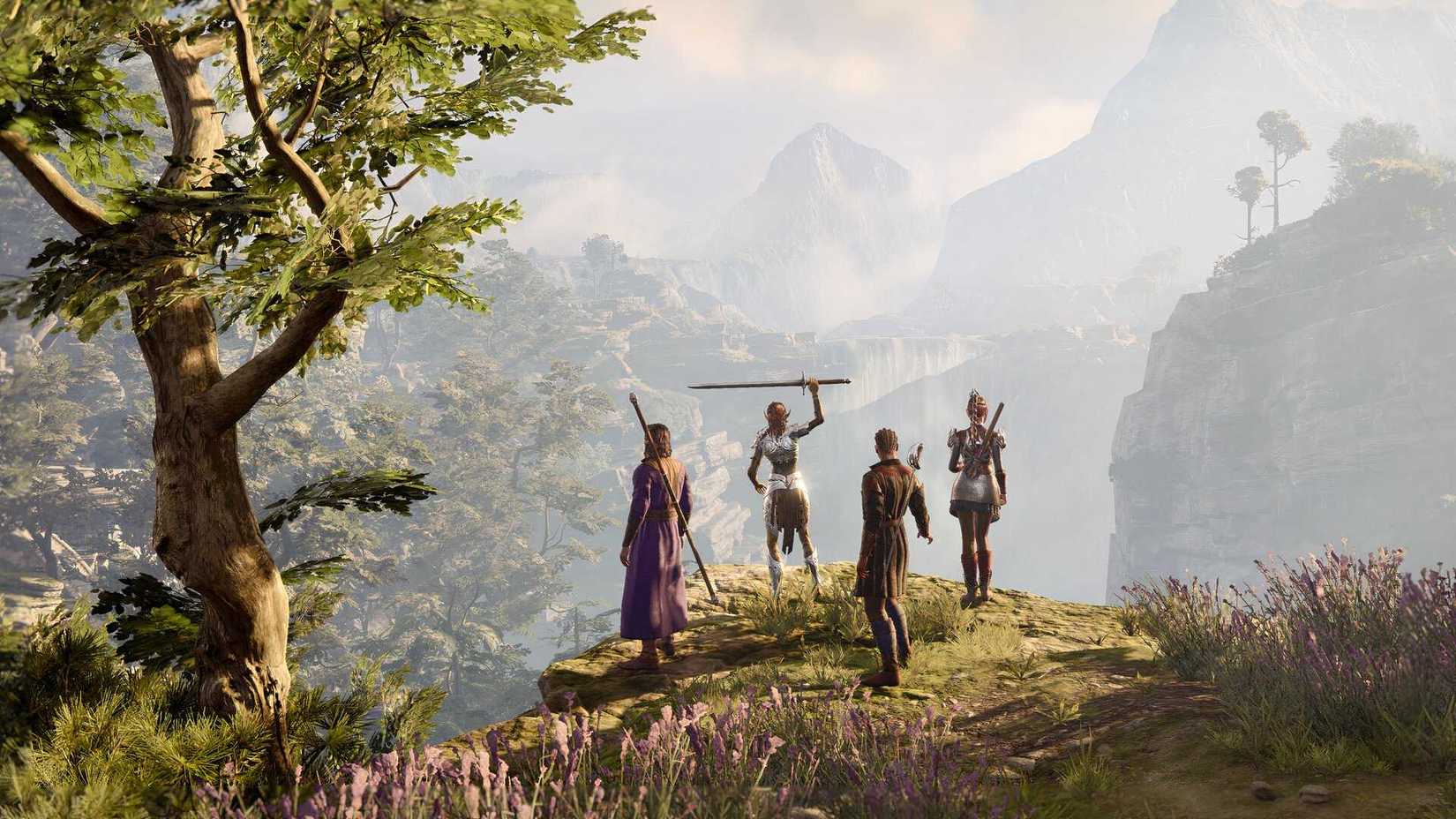 Shadowheart, Lae'zel, Wyll, and Gale celebrating a victory in Baldur's Gate 3 with an open vista in front
