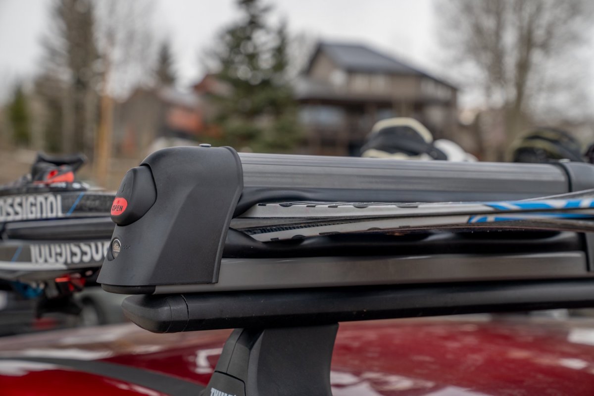 Side view of the Malone LiftLine ski rack in the closed and locked position