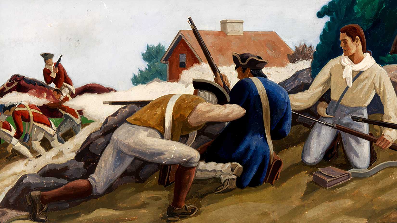 A Ross Moffett mural study shows British soldiers and colonists fighting near Somerville, Massachusetts, during the Revolutionary War.
