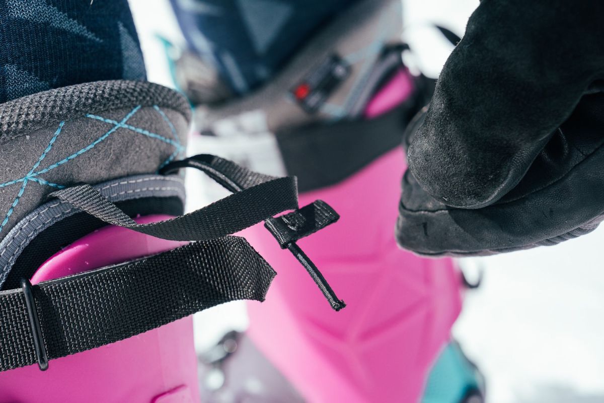 Close-up of Rossignol AllTrack ski boot liner showing loose and flimsy elastic strap