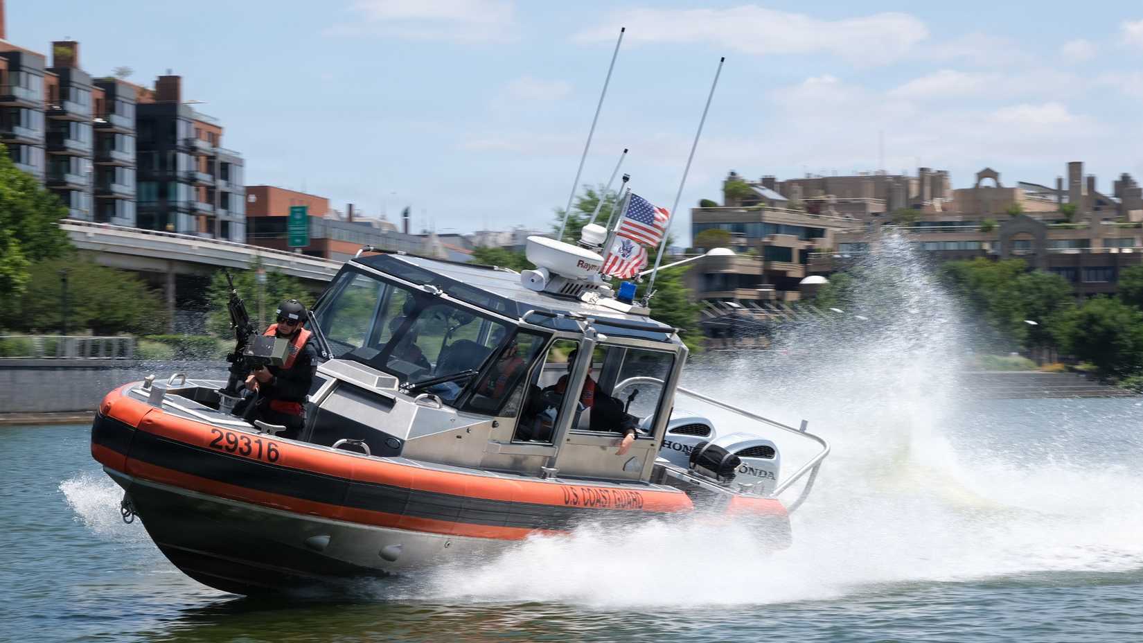A Coast Guard 29-foot Response Boat Small crew provides security during America 250 July 4th,2026 in the Potomic in Washington.