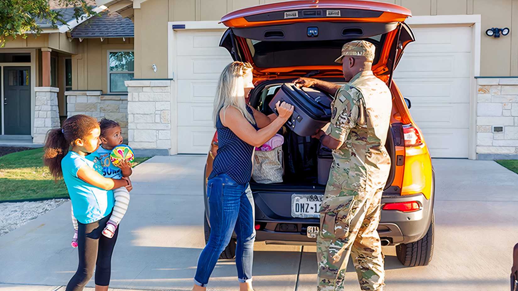 Army Soldier with wife and kids packing car for a PCS move.