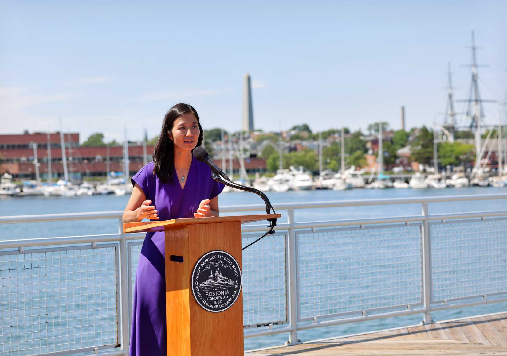 Boston Mayor Michelle Wu at a news conference announcing draft study recommendations from USACE to protect Boston's coastline. (USACE).