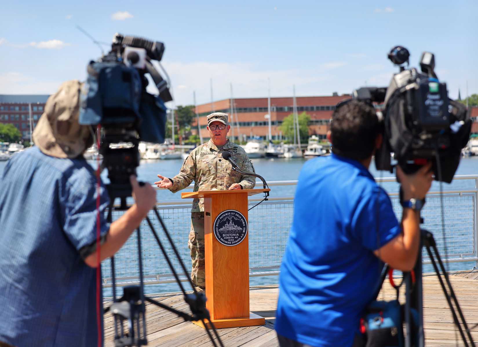 U.S. Army Corps of Engneers Lt. Col. David McPhail announces draft study recommendations to protect Boston's coastline. (USACE).