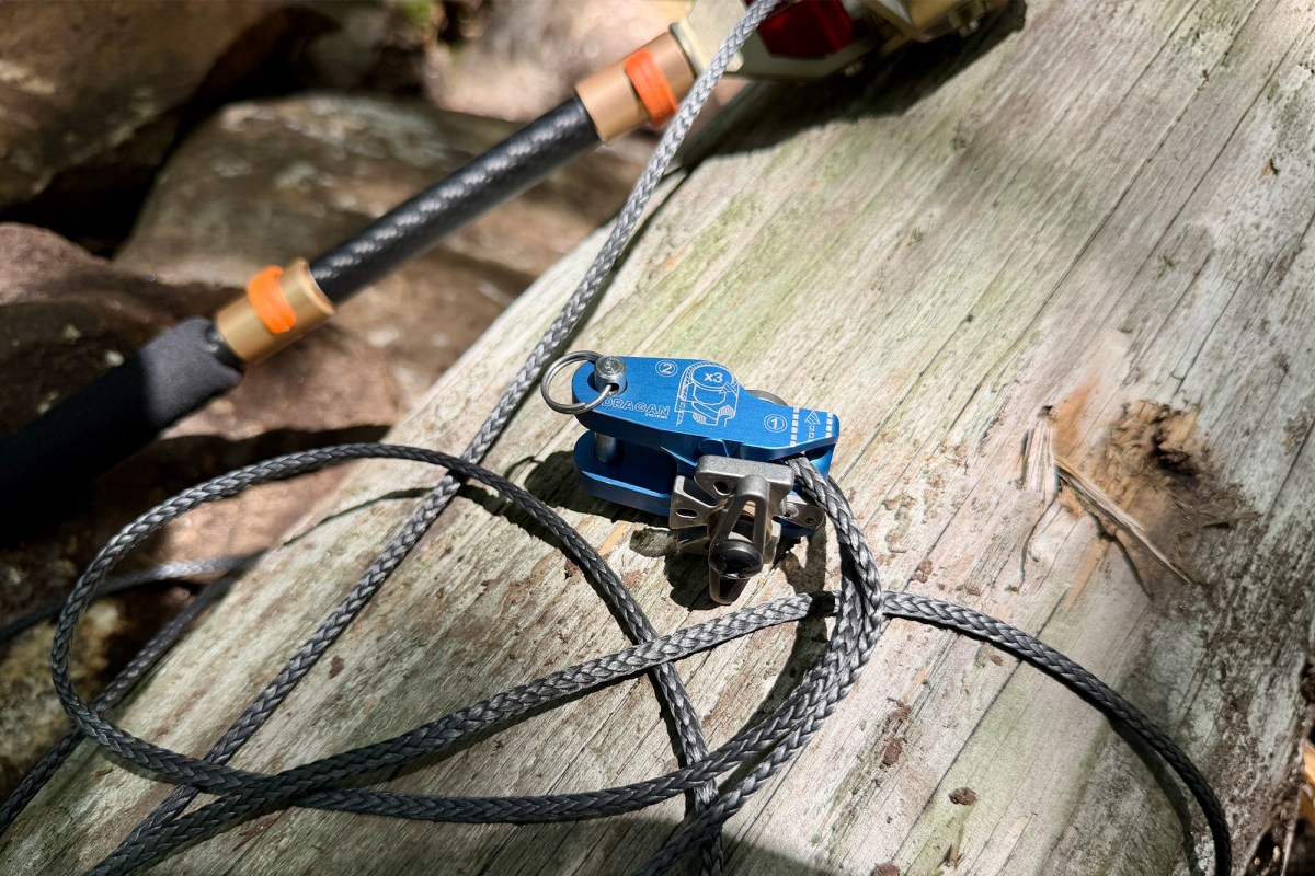 Blue winch component and rope laid out on a fallen log
