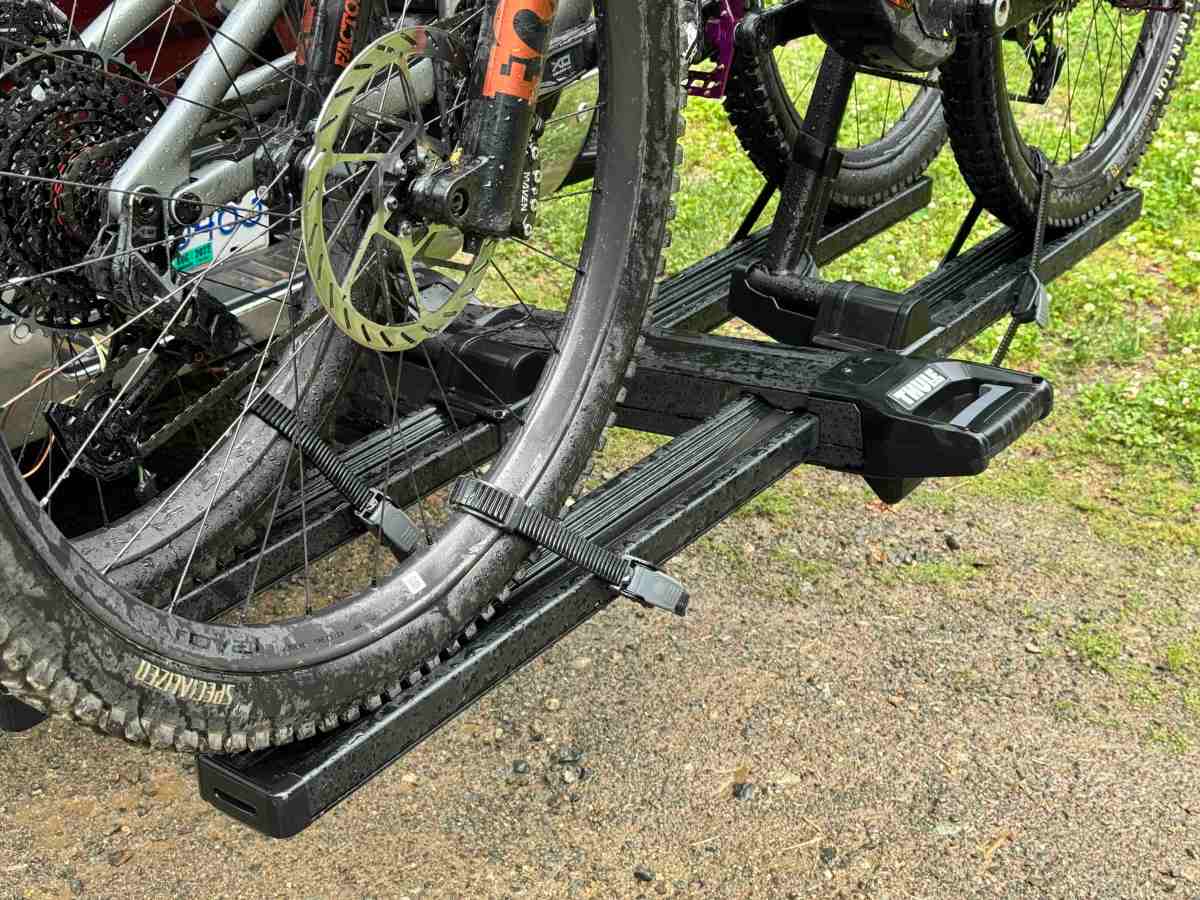 The Thule Vero has four ratcheting wheel straps to secure each bike; (photo/Dane Tudor)
