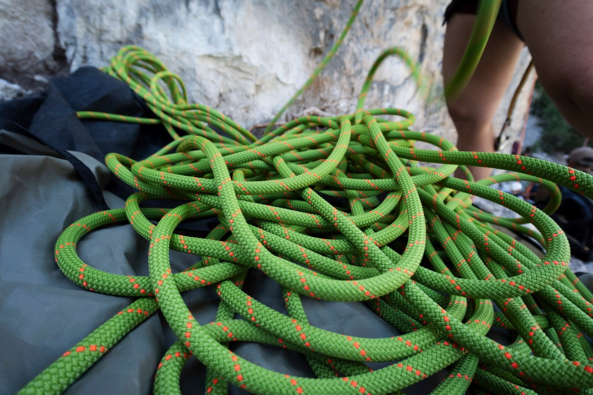 Close-up of the green Mammut Crag Recycled 9.8mm rope on a rope bag