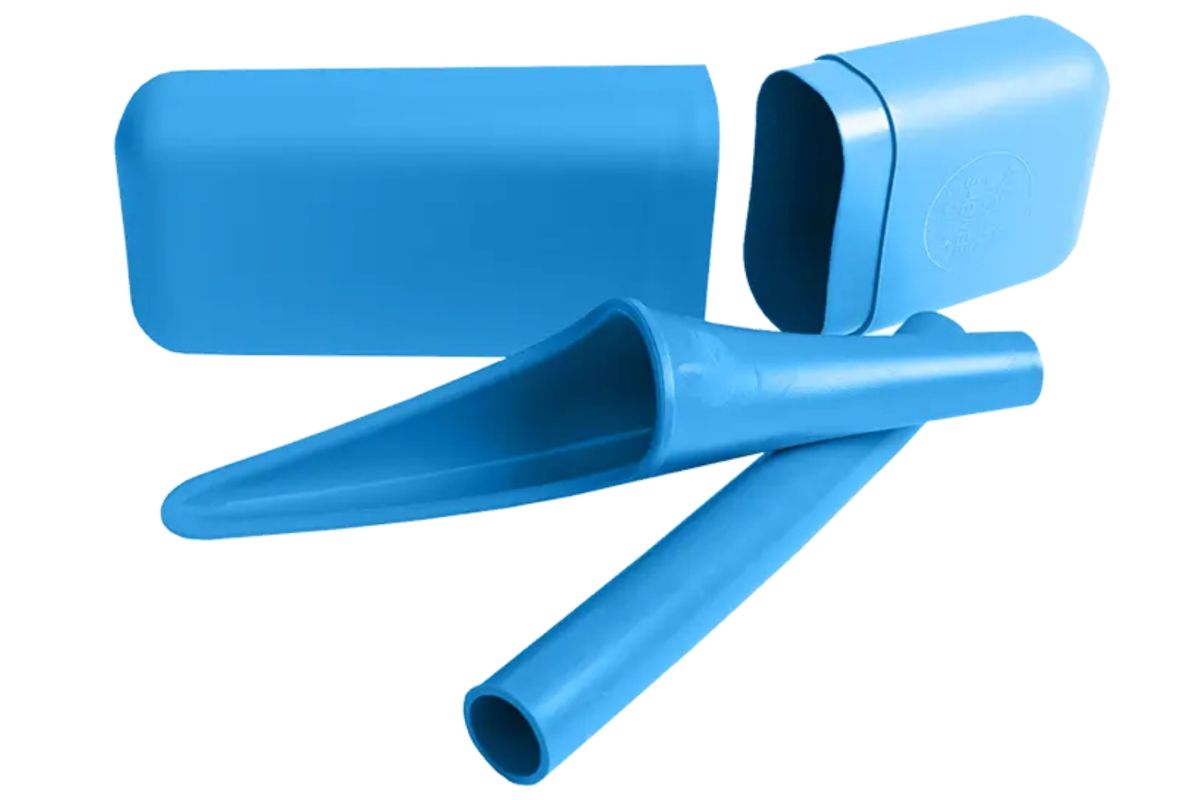 blue pee funnel with case on white background