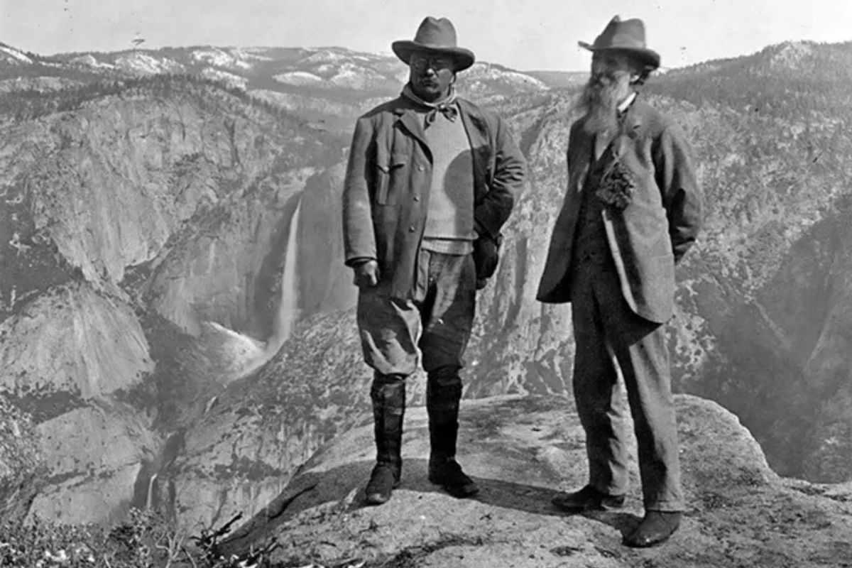 black and white photo of two men in yosemite