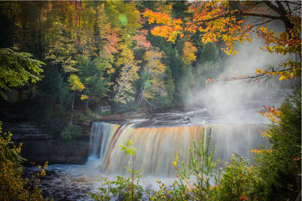 water fall surrounded by fall foliage