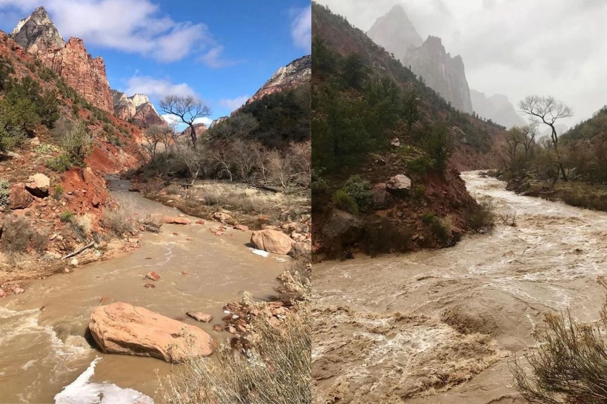 side by side of river before and after flash flood