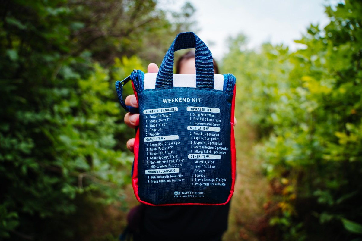 Back of the first aid kit showing the included medical supplies