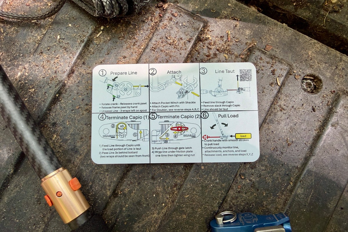 Pocket winch instruction card with setup steps on a truck tailgate