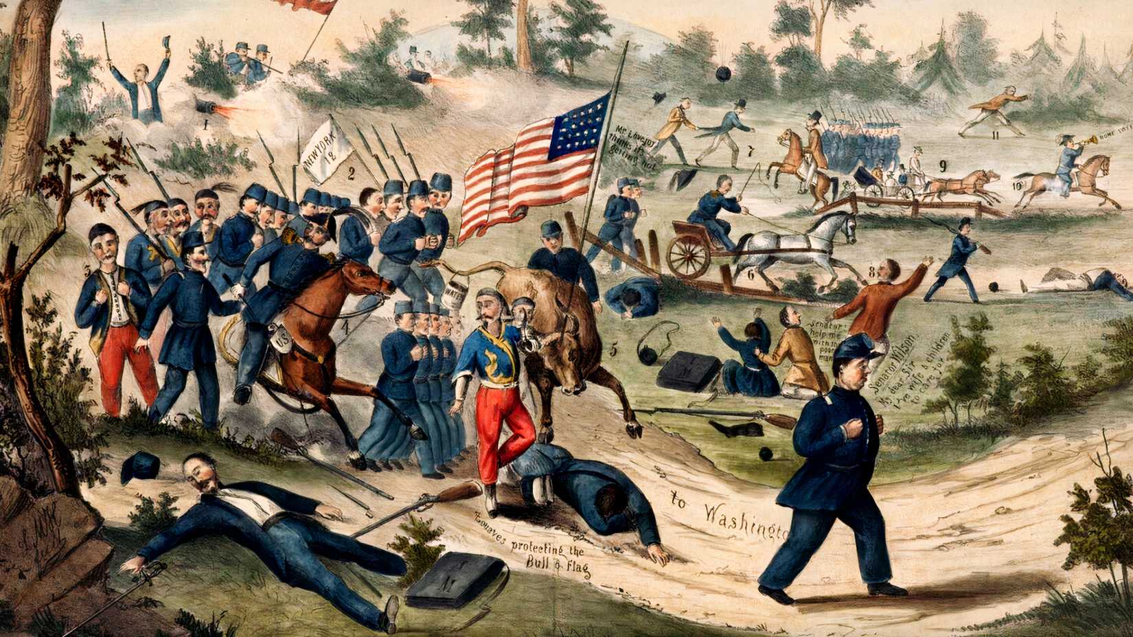 A color lithograph shows Union soldiers, civilians, horses and wagons fleeing toward Washington after the First Battle of Bull Run.