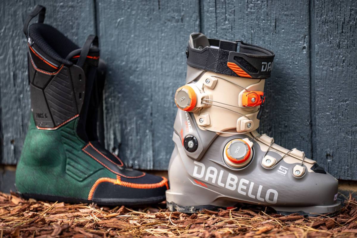 Dalbello Veloce ski boot with BOA dials next to its liner.