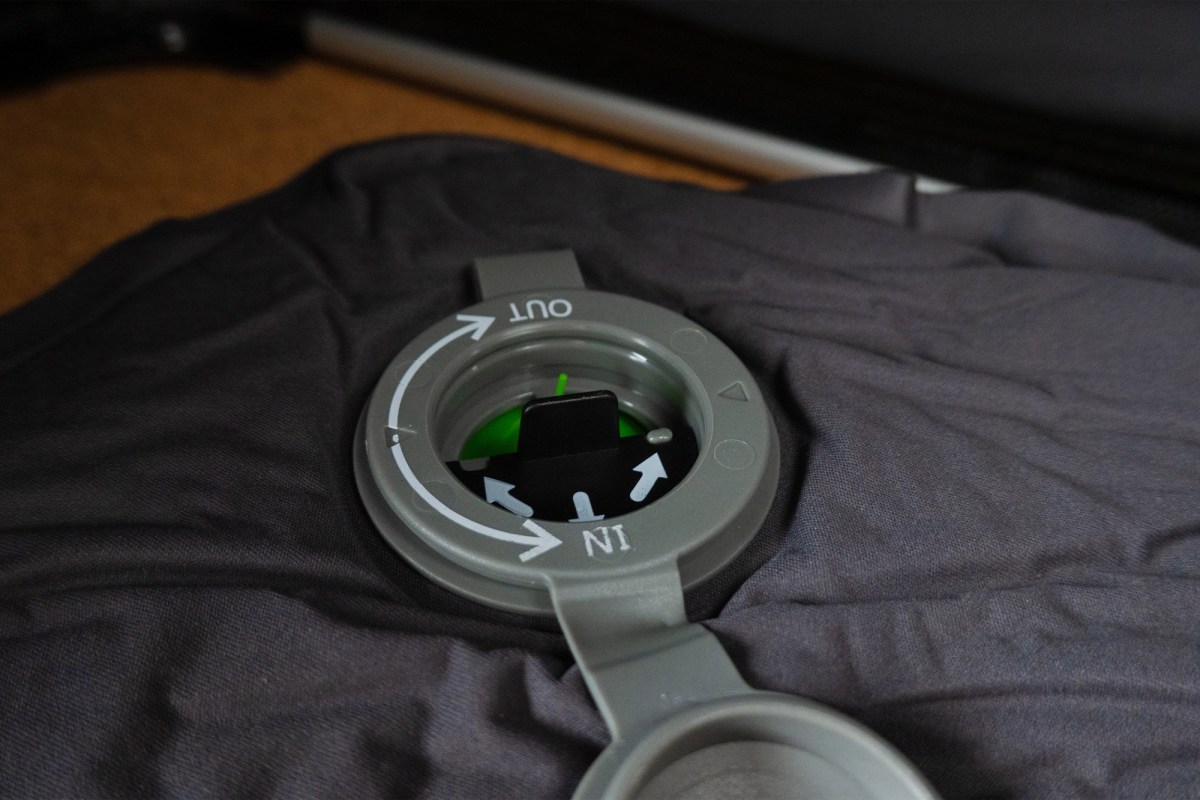 Close-up of the mattress valve inside the Skycamp rooftop tent
