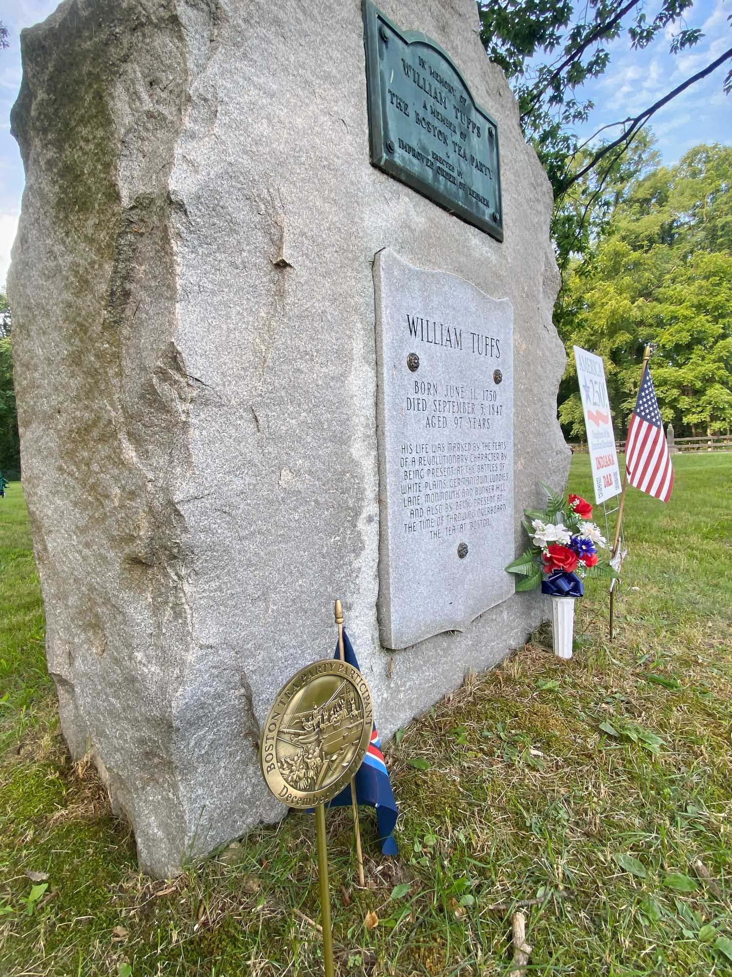 Commemorative grave marker honors William Tufts, Indiana's only known participant in the Boston Tea Party protest. (Kristin Harris/Boston Tea Party Ships & Museum).