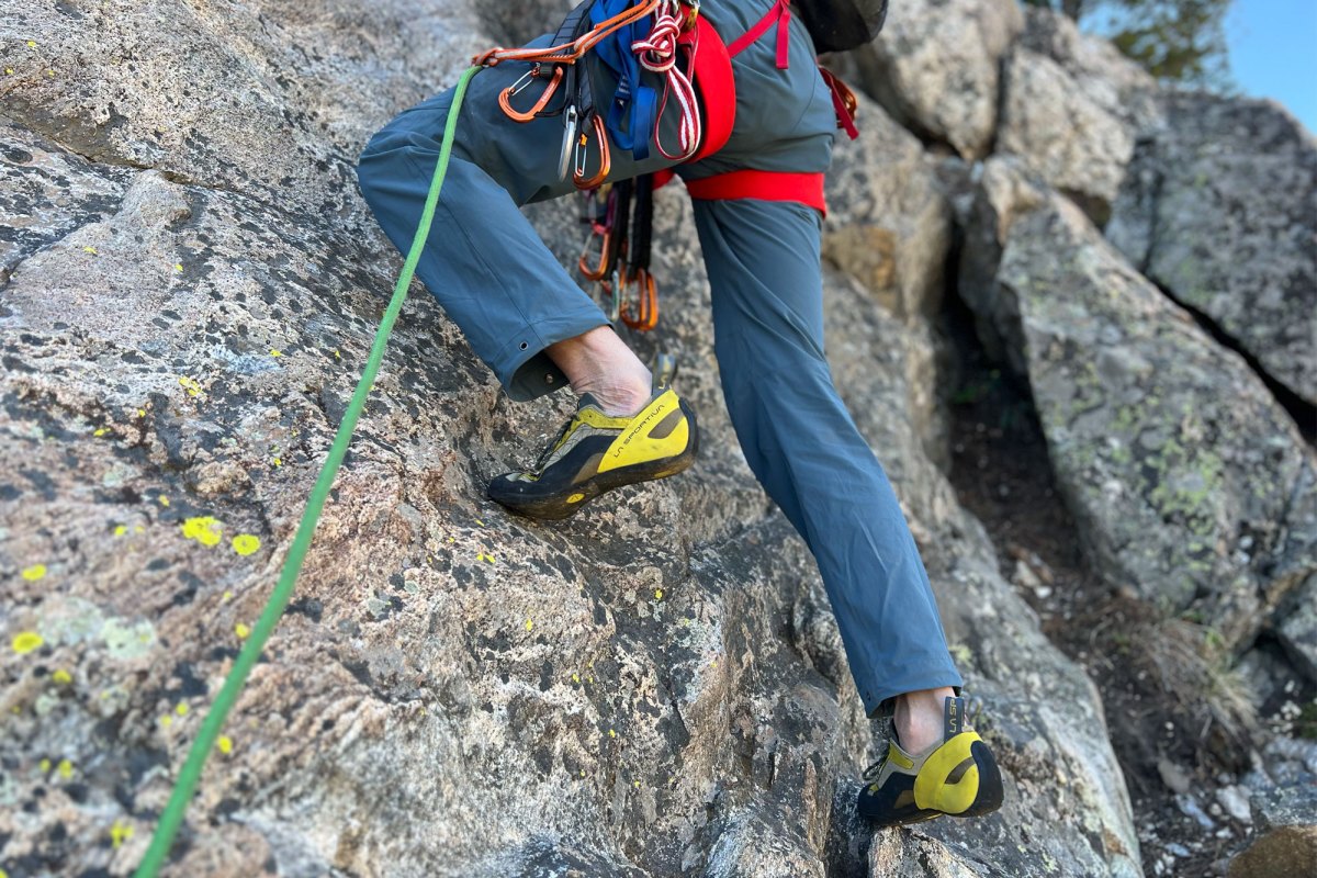 a man rock climbing wearing La Sportiva Finale