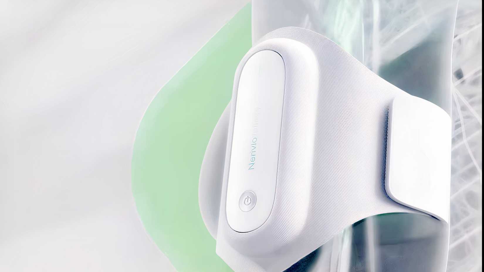A close-up promotional image shows the white Nerivio migraine device attached to its upper-arm band.