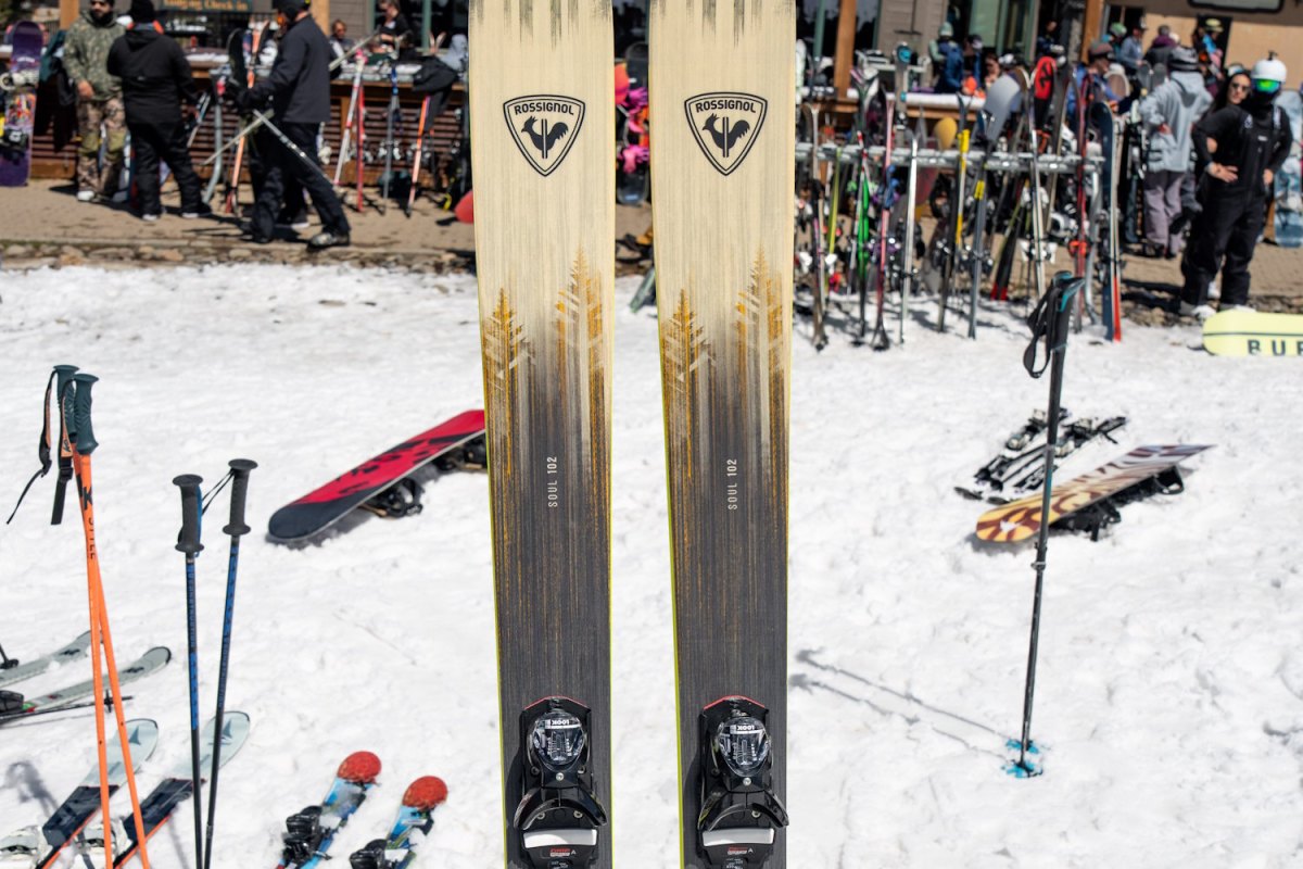 Close-up of the Rossignol Soul 102 alpine skis on snow