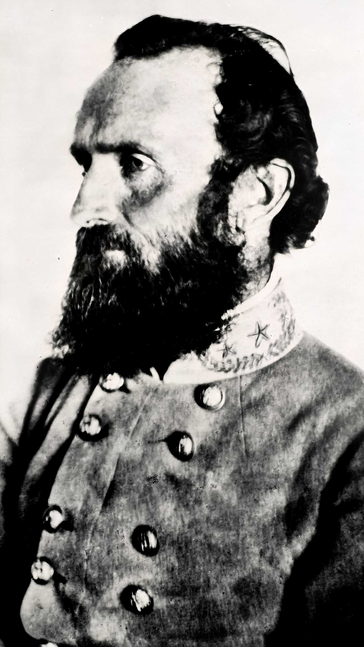 A black-and-white profile portrait of Confederate Gen. Thomas “Stonewall” Jackson wearing his military uniform in April 1863.