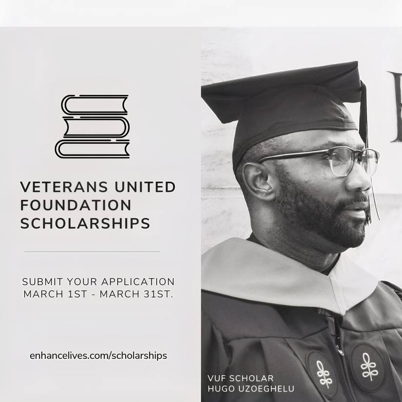 Flyer for the Veterans United Foundation scholarship for military-connected individuals with 100% service-connected disabilities. (VUF).