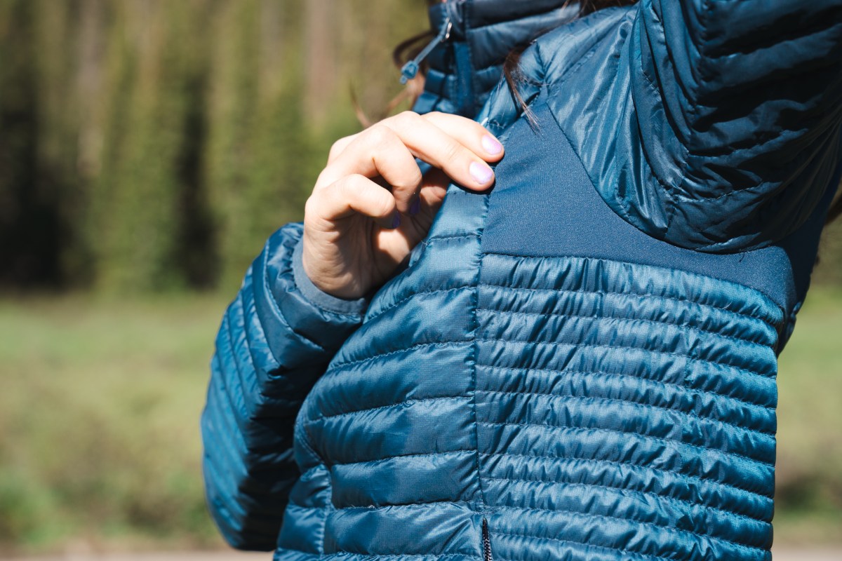 The Eddie Bauer MicroTherm 2.0 Down Jacket has stretch side panels that increase range of movement and breathability; (photo/Meghan LaHatte)