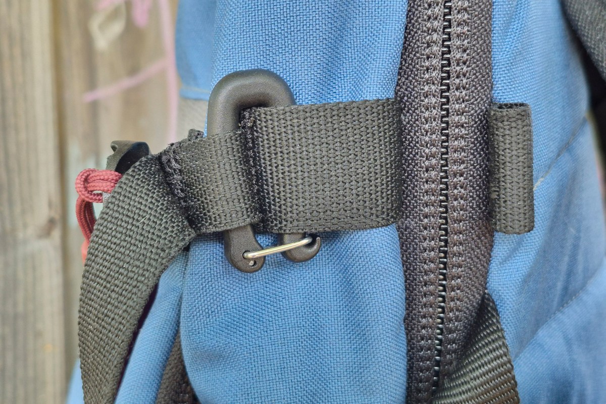 Close-up of the Hill People Gear pack strap and gatekeeper buckle