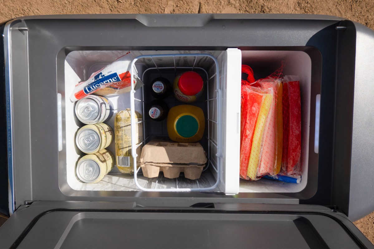 EcoFlow fridge freezer packed with drinks, food, and frozen treats