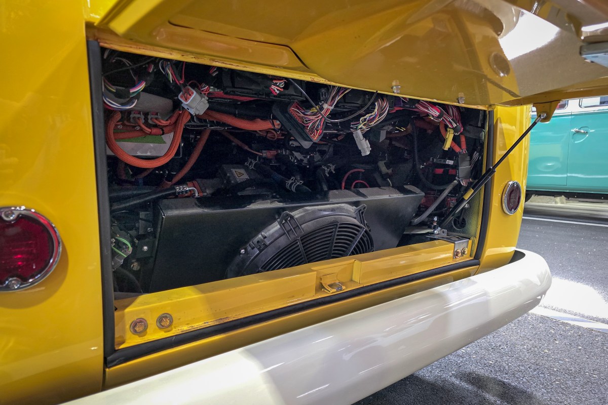 The reimagined engine bay of the Kindred Motorworks electric T2 bus.