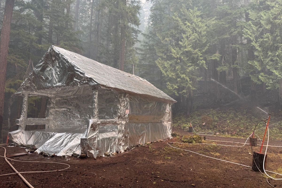 building in woods wrapped in foil 