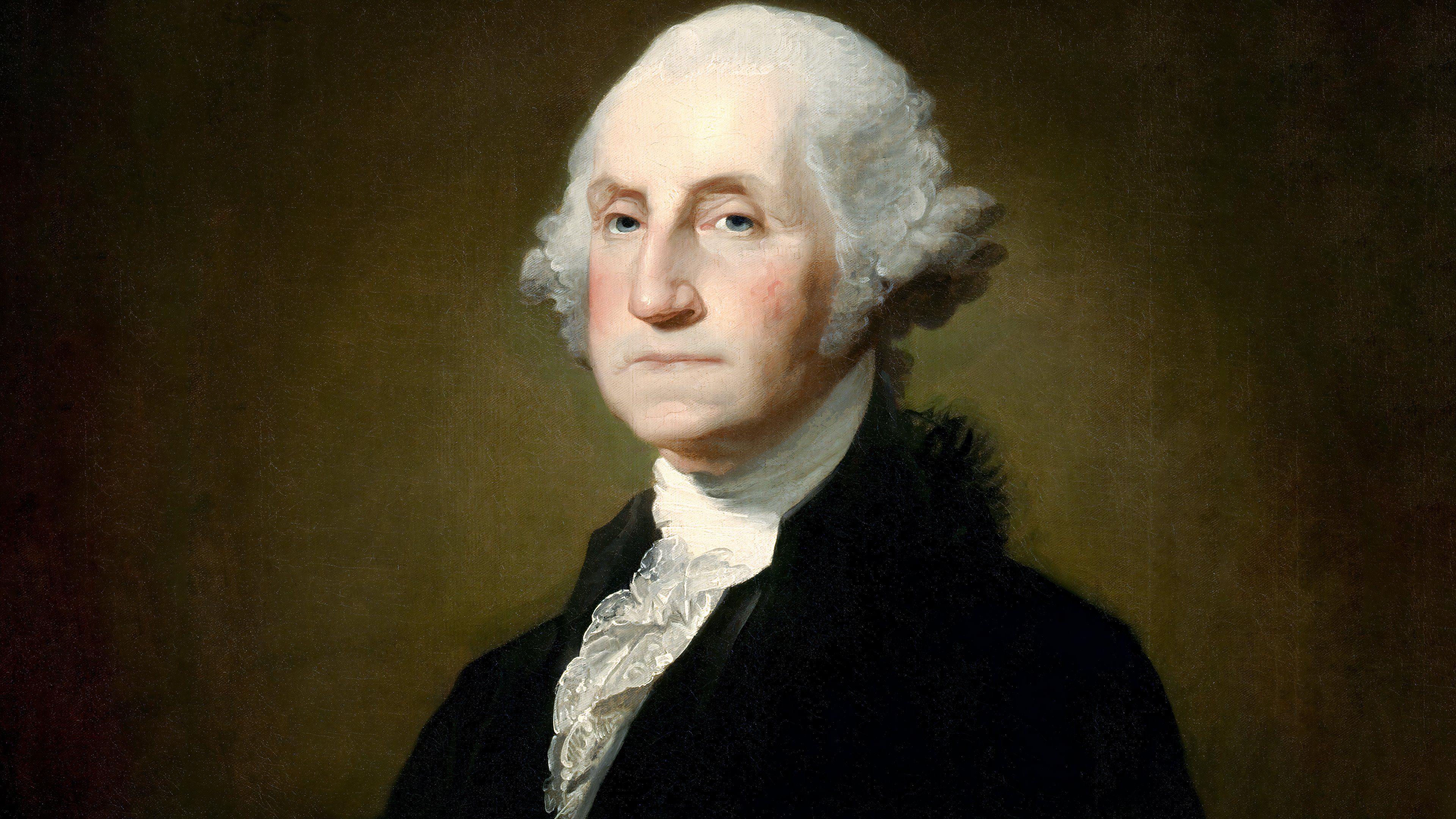 A painted portrait of George Washington wearing a dark coat and white cravat.