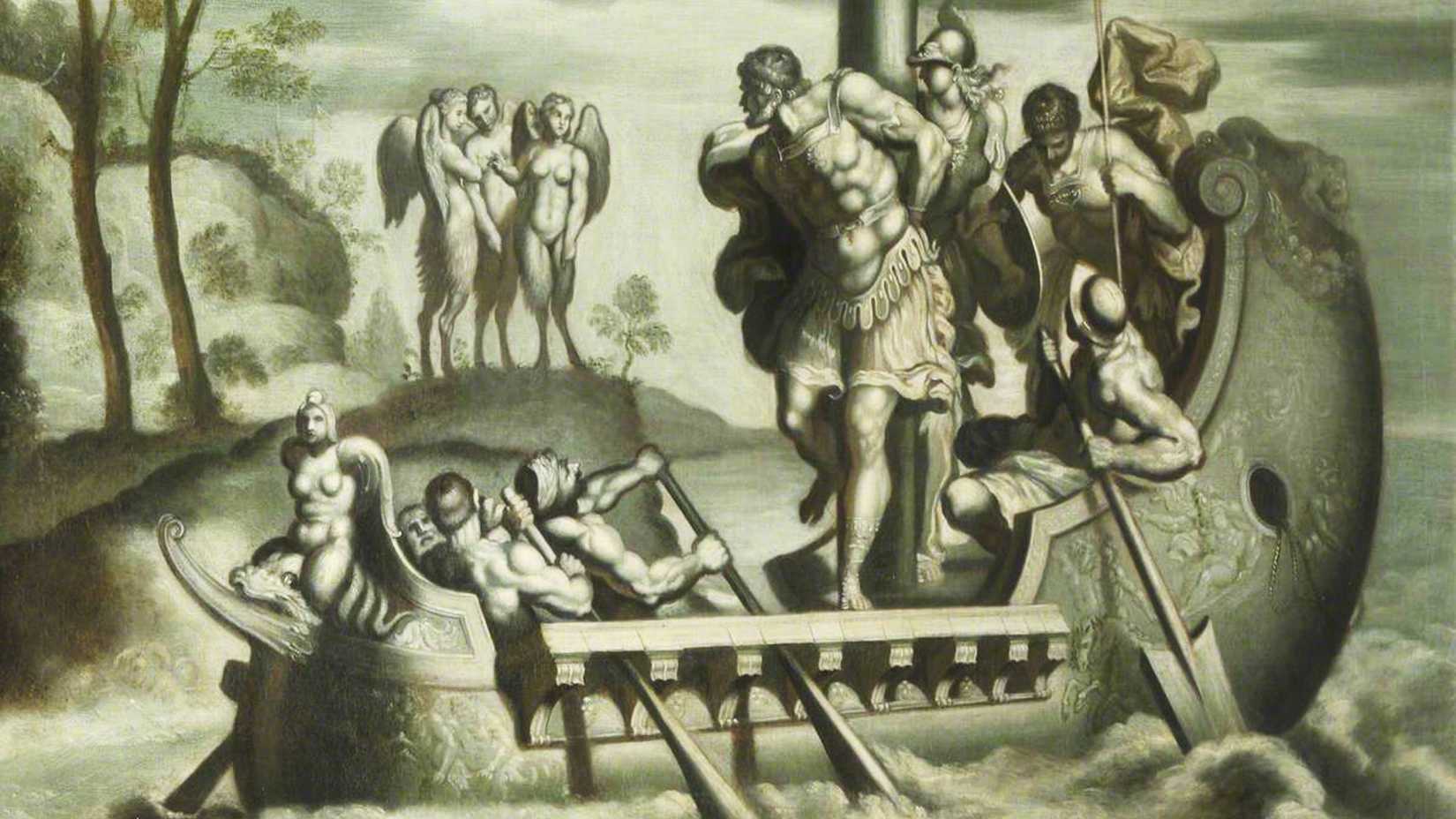 A warrior tied to the mast of a crowded ship draws his bow while winged sirens surround the sailors.