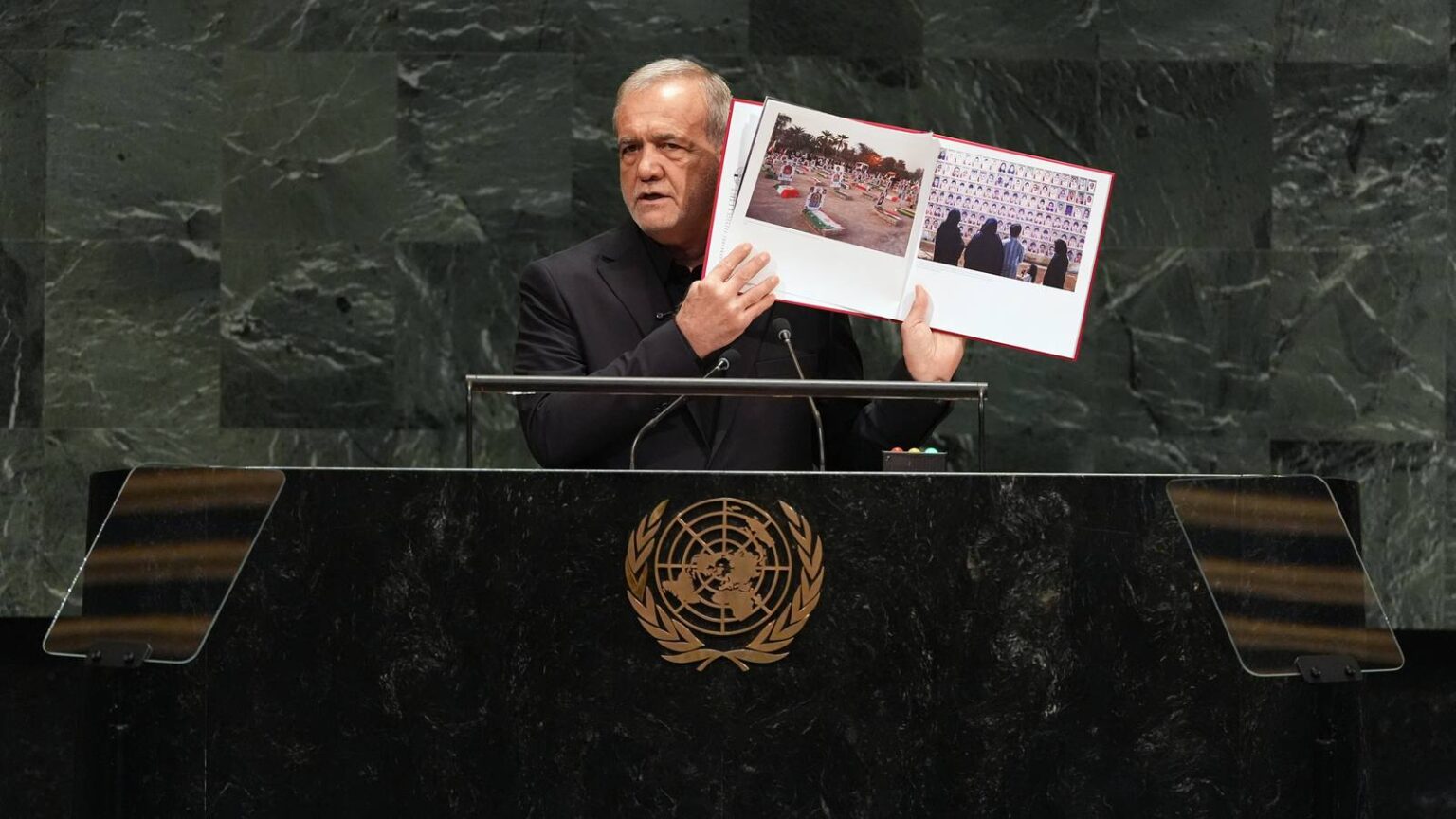 US Walks Out of United Nations as Iran President Shows Bombed Girls’ School Strike Photos