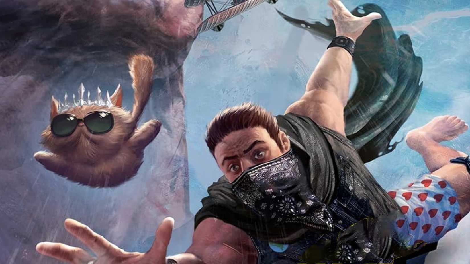 Carl and crowned Persian cat Princess Donut fall through the air in official Dungeon Crawler Carl artwork.