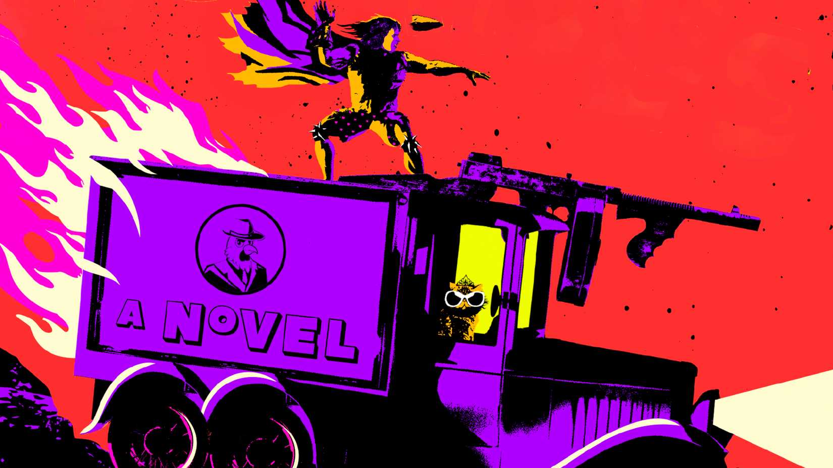 Colorful artwork for A Parade of Horribles showing Carl standing atop a purple vehicle with Princess Donut inside.